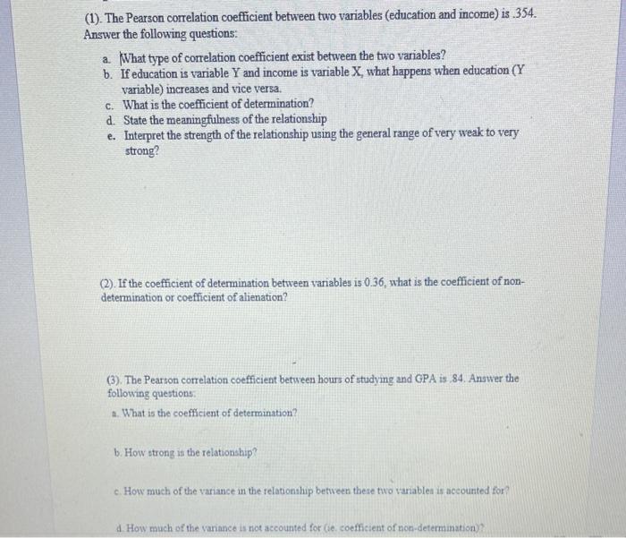Solved (1). The Pearson correlation coefficient between two | Chegg.com