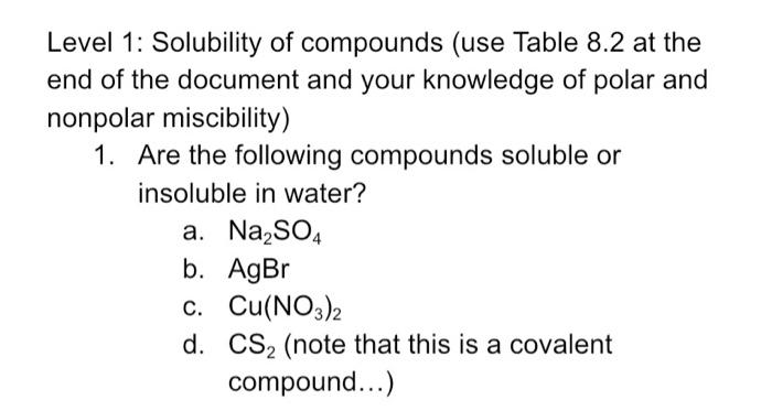 Solved Level 1: Solubility of compounds (use Table 8.2 at | Chegg.com
