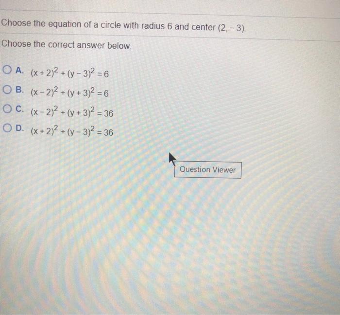 Solved Choose the equation of a circle with radius 6 and | Chegg.com
