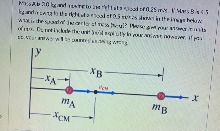 Solved Mass A is 3.0 kg and moving to the right at a speed | Chegg.com