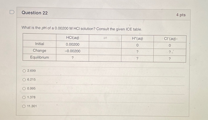 Solved Question 22 4 pts What is the pH of a 0.00200 M HCl | Chegg.com