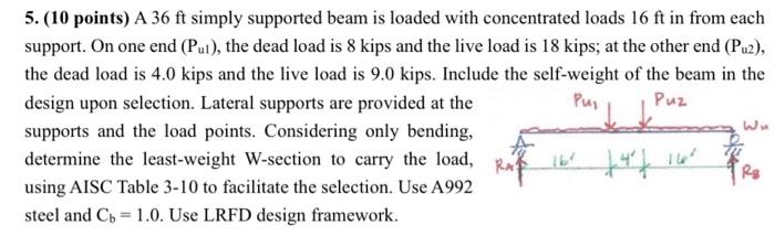 Solved 5. (10 points) A 36ft simply supported beam is loaded | Chegg.com