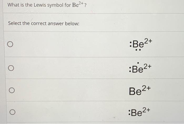 Solved What Is The Lewis Symbol For Be2 Select The Correct Chegg