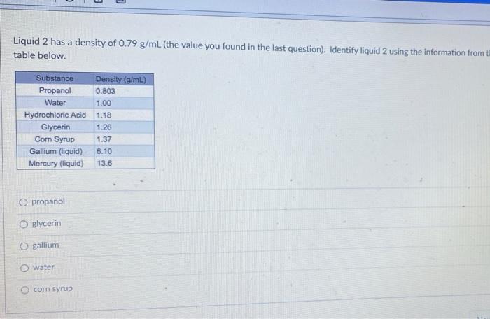 Solved Liquid 2 has a density of 0.79 g/mL (the value you | Chegg.com