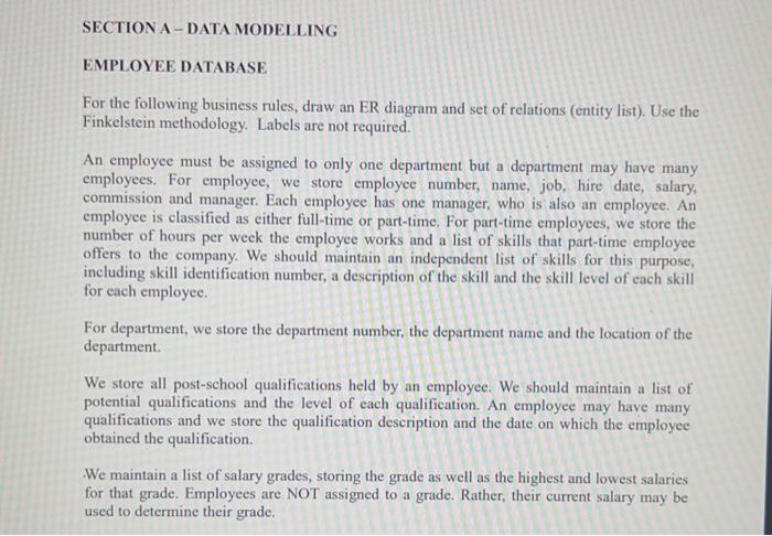 Solved SECTION A-DATA MODELLING EMPLOYEE DATABASE For the | Chegg.com