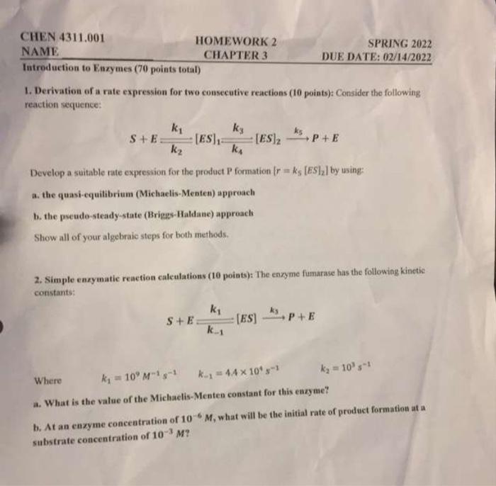 Solved CHEN 4311.001 HOMEWORK 2 SPRING 2022 NAME CHAPTER 3 | Chegg.com
