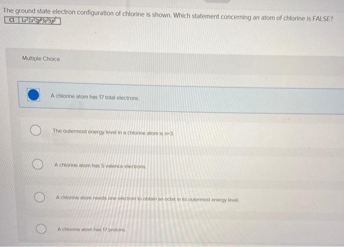 Solved The ground state electron configuration of chlorine | Chegg.com