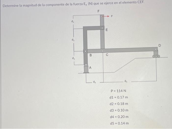 Determine la magnitud de la componente de la fuerza \( E_{x}(N) \) que se ejerce en el elemento \( C E F \). E \[ \begin{arra