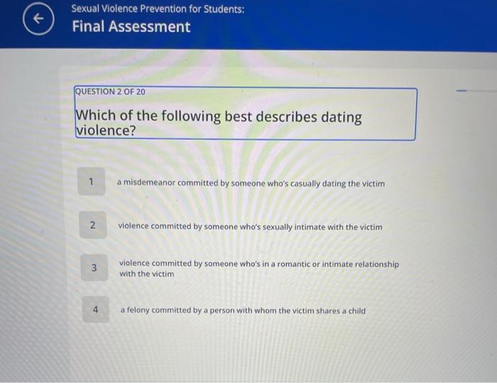 Solved Sexual Violence Prevention for Students: Final | Chegg.com