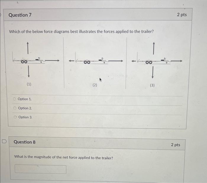 Which of the below force diagrams best illustrates the forces applied to the trailer?
Option 1.
Option 2.
Option 3.
Question 