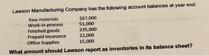 Solved Lawson Manufacturing Company Has The Following Acc Chegg Com