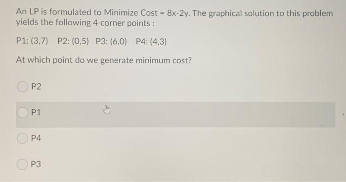 Solved An Lp Is Formulated To Minimize Cost 8x 2y The