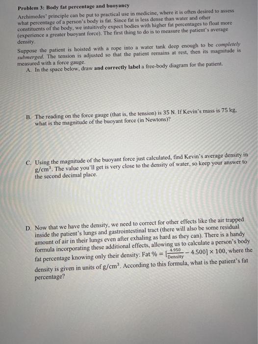 Solved Problem 3 Body fat percentage and buoyancy