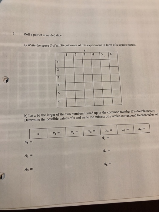 Solved 3. Roll a pair of six-sided dice. a) Write the space | Chegg.com