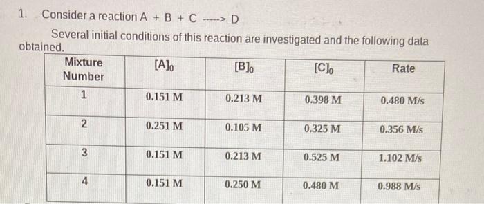 Solved 1. Consider a reaction A + B + C -----> D Several | Chegg.com