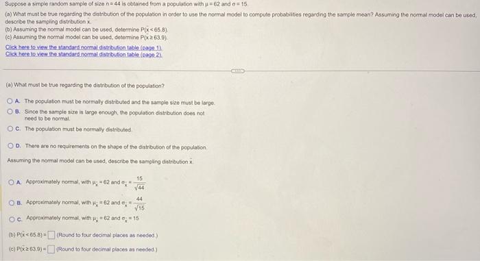 Solved Suppose n simple random sample of size n=44 is | Chegg.com