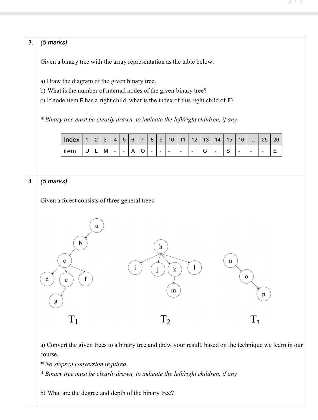 Solved Given a binary tree with the array representation as | Chegg.com