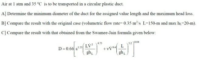 Solved Air at 1 atm and 35 °C is to be transported in a | Chegg.com