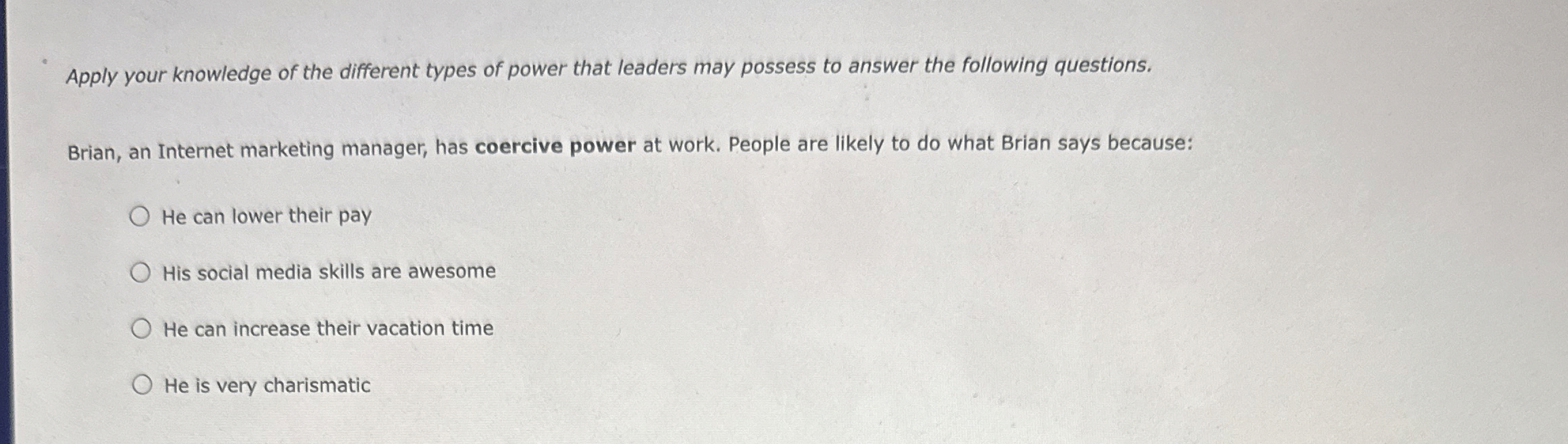 Solved Apply your knowledge of the different types of power | Chegg.com