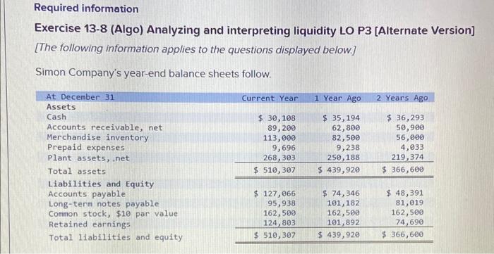 Solved Required information Exercise 13-8 (Algo) Analyzing | Chegg.com
