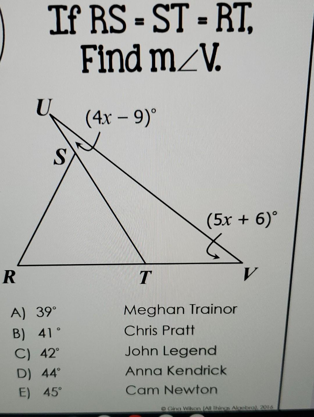 Solved If RS=ST=RT, Find M∠V A) 39 Meghan Trainor B) 41∘ | Chegg.com