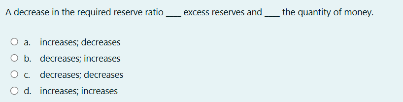Solved A decrease in the required reserve ratio excess | Chegg.com