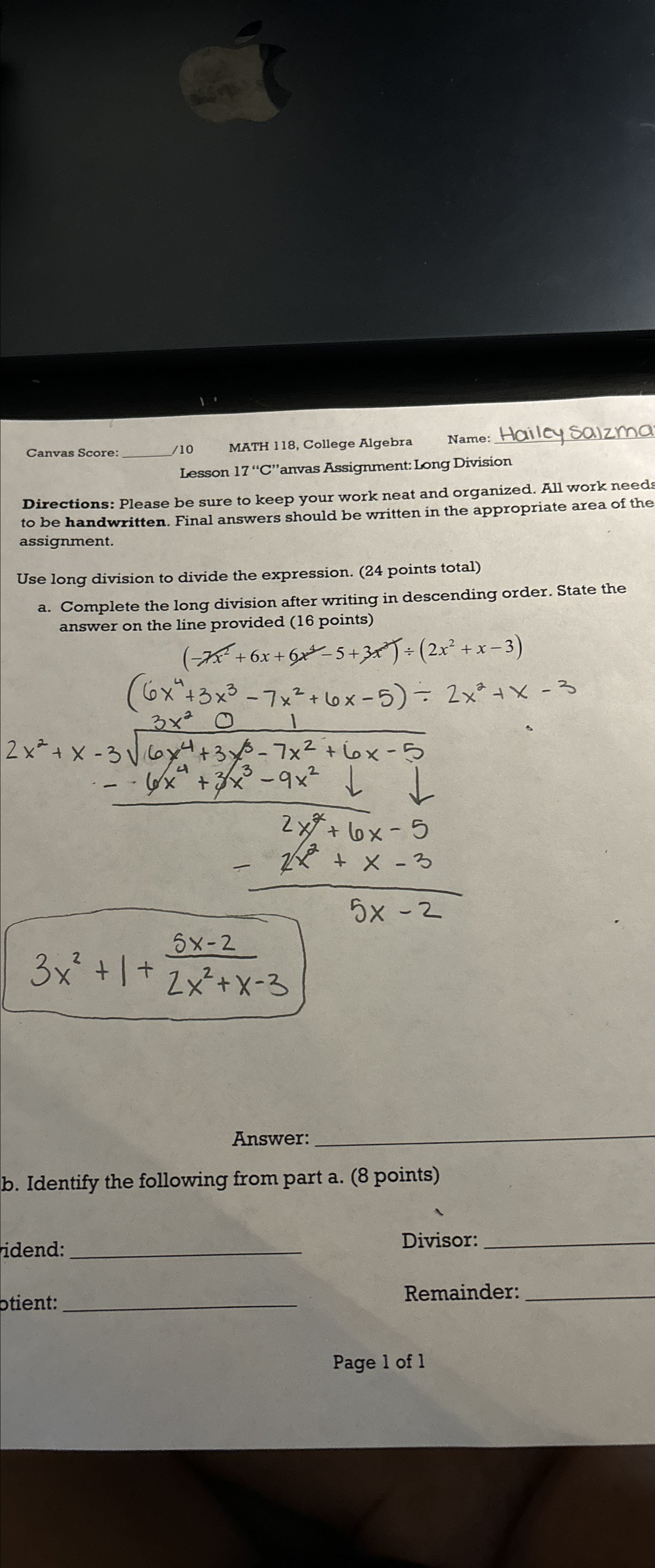 Solved Canvas Score:q,10MATH 118, ﻿College AlgebraName: | Chegg.com