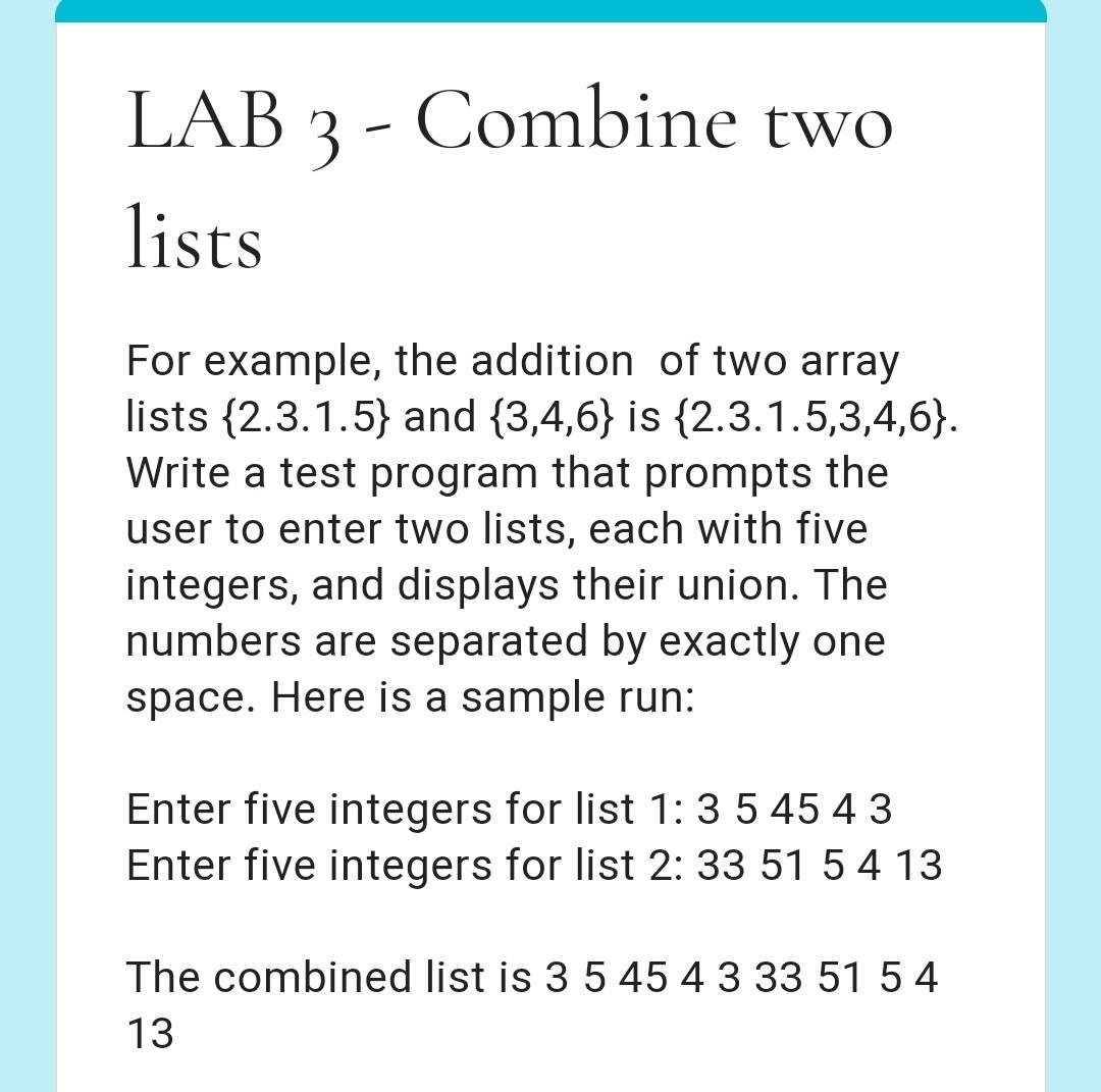 Solved LAB 3 - Combine Two Lists For Example, The Addition | Chegg.com