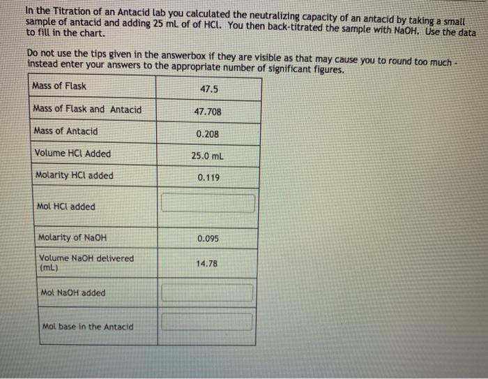Solved In the Titration of an Antacid lab you calculated the