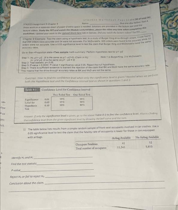 Solved STA2023 Awignment 9 Chapter 9 Name. Due one dey | Chegg.com