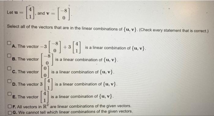 Solved Let u = -61 and v= = [8] Select all of the vectors | Chegg.com