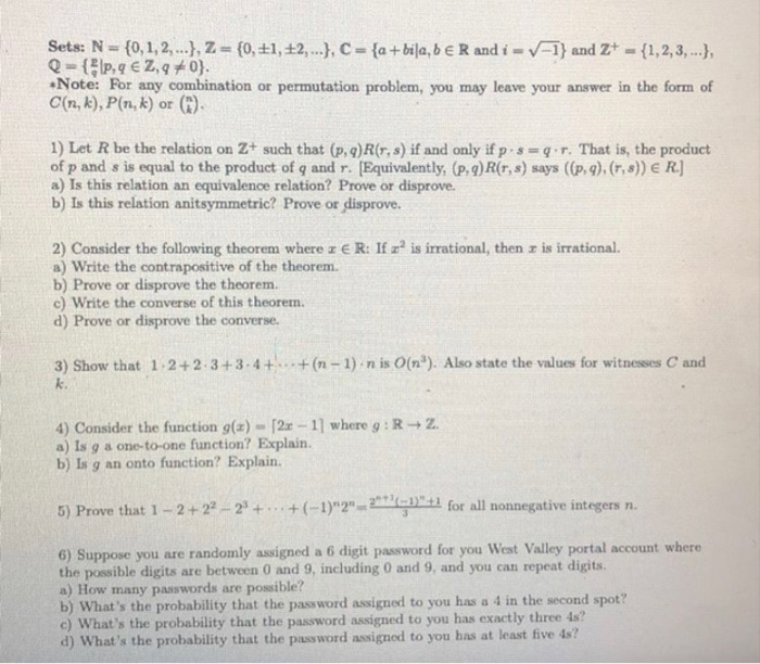 Solved Sets N 0 1 2 Z 0 1 2 C Chegg Com