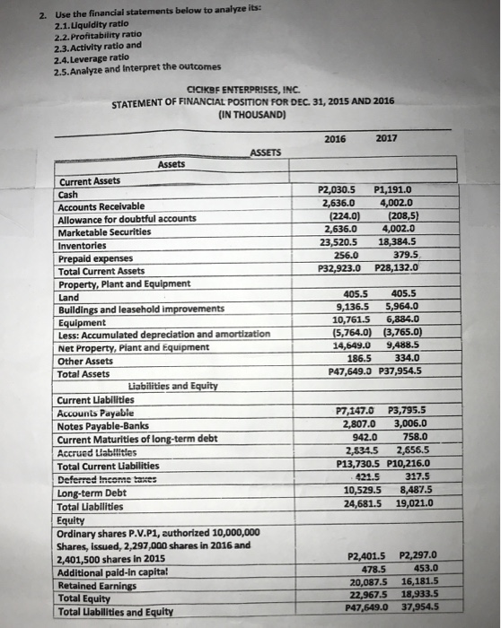 Solved 2. Use The Financial Statements Below To Analyze Its: | Chegg.com