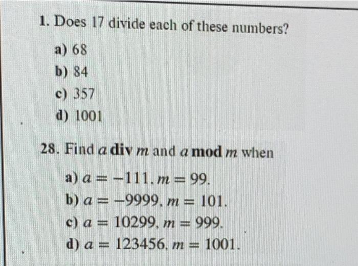 Solved 1 Does 17 Divide Each Of These Numbers A 68 B 84 Chegg