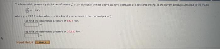 Solved The barometric pressure y (in inches of mercury) at | Chegg.com