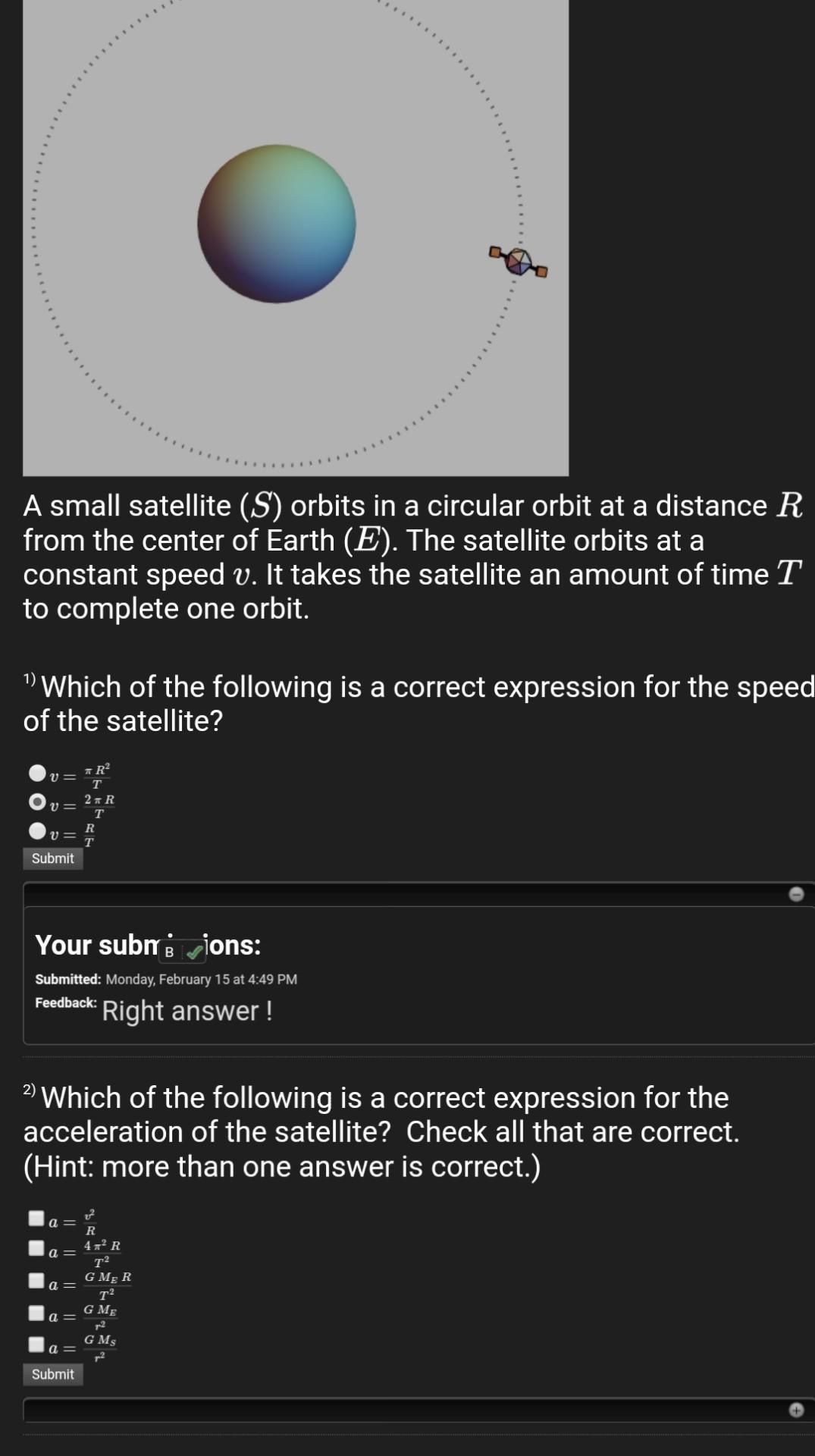 Solved A small satellite (S) orbits in a circular orbit at a | Chegg.com