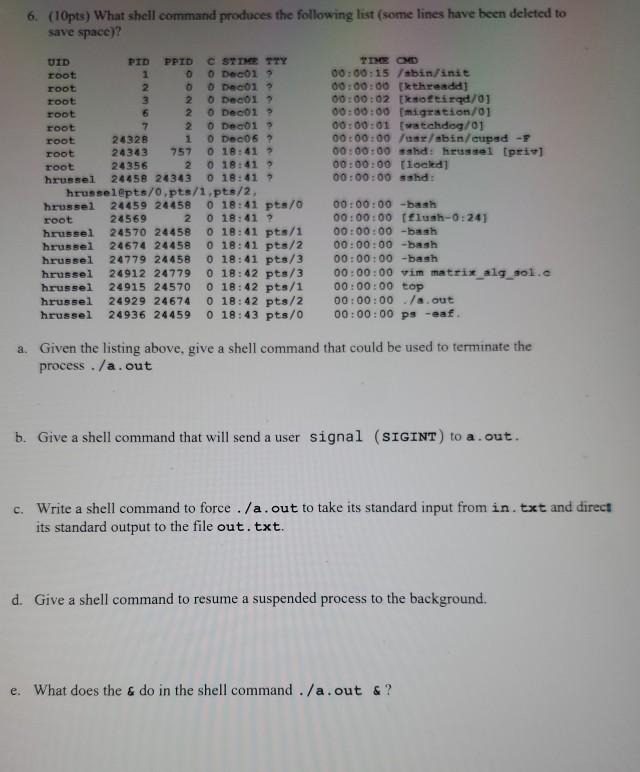Solved 6. (10pts) What shell command produces the following | Chegg.com