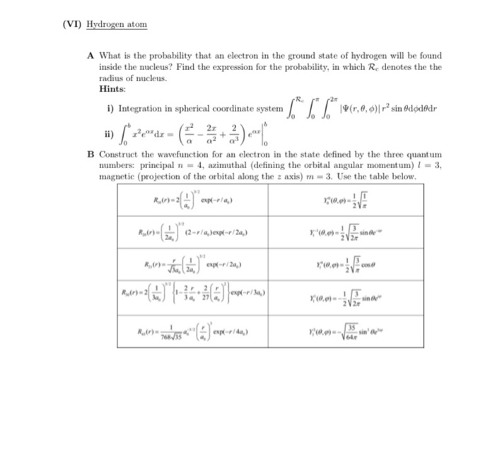 Solved (VI) Hydrogen atom A What is the probability that an | Chegg.com