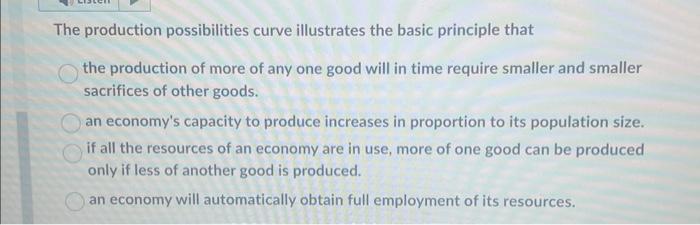 Solved The production possibilities curve illustrates the | Chegg.com