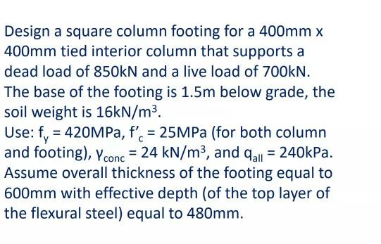 Solved Design A Square Column Footing For A 400mm X 400mm | Chegg.com