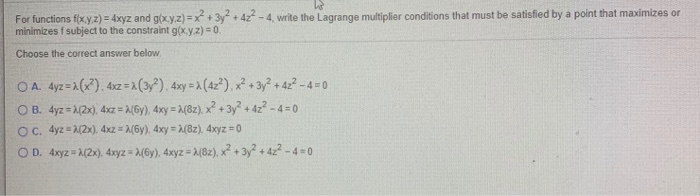 For Functions F X Y Z 4xyz And G Xy Z X2 3y2 Chegg Com