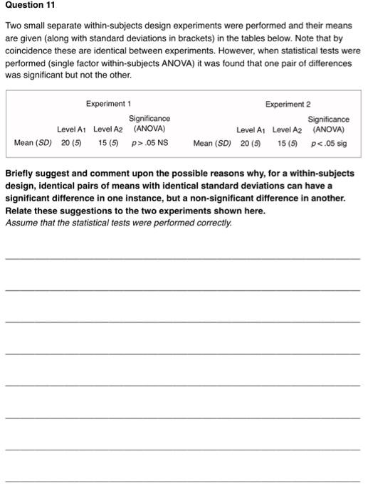 Question 11 Two Small Separate Within-subjects Design | Chegg.com