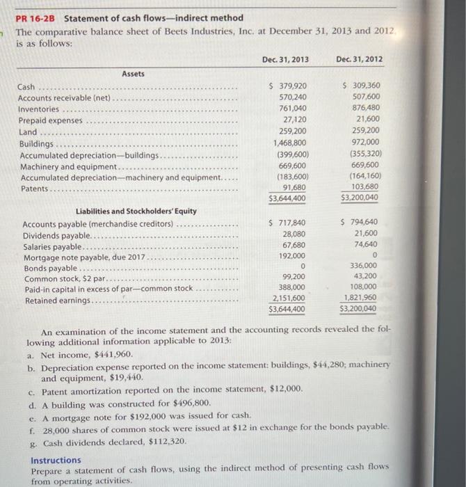 [Solved]: PR 16-2B Statement of cash flows-indirect method