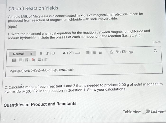Solved (20pts) Reaction Yields Antacid Milk of Magnesia is a
