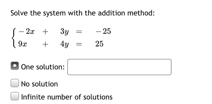 Solved Solve the system with the addition method: - 2x + - | Chegg.com