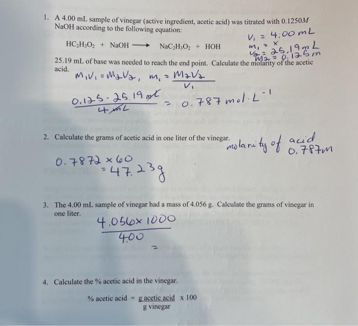 Solved 1. A 4.00 mL sample of vinegar (active ingredient,