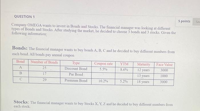 Solved Question 1 5 Points Sav Company Omega Wants To Invest