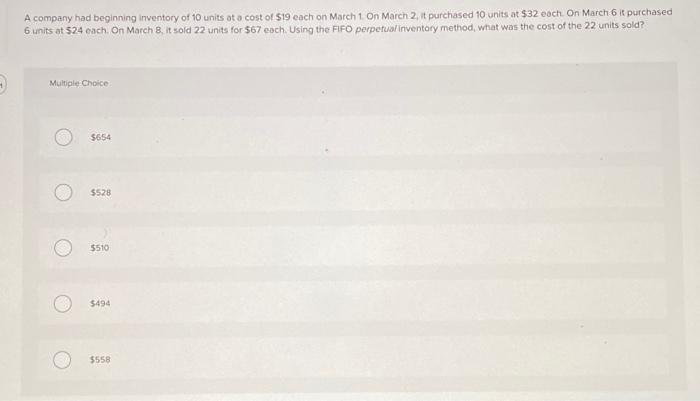 Solved A company had beginning inventory of 10 units at a | Chegg.com
