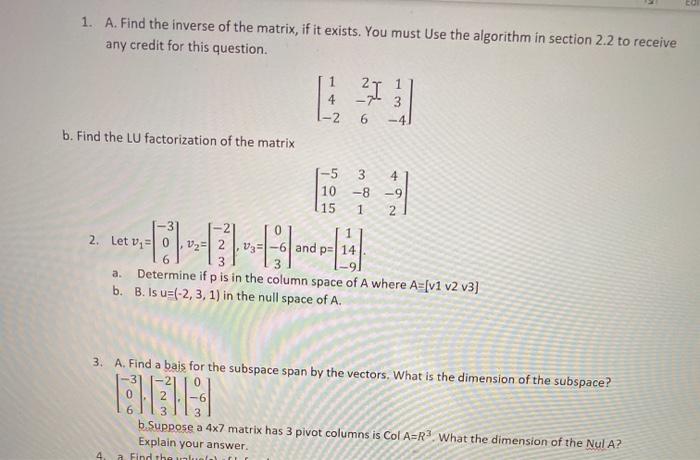 Solved 1. A. Find the inverse of the matrix, if it exists. | Chegg.com