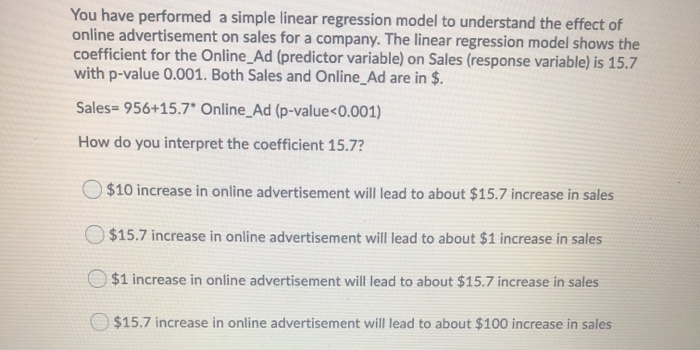 Solved You have performed a simple linear regression model | Chegg.com